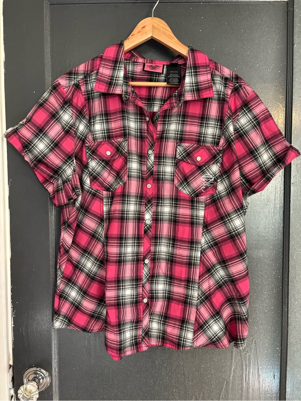 Harley-Davidson Pink & Black Plaid Short Sleeve Button-Up Shirt